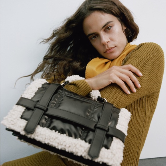 Zara Sherpa Fleece Leather Crossbody Sactchel with Faux Shearling - Picture 3 of 14